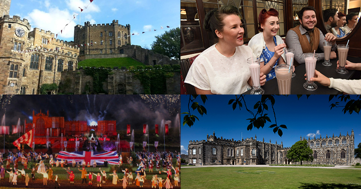 Durham Castle, group of people drinking milkshakes, Kynren outdoor performance and Auckland Castle. 